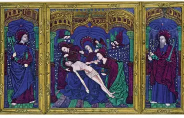  ??  ?? BELOW LEFT 16th- century triptych featuring champlevé enamel on copper.