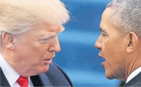  ?? FOTO: REUTERS ?? Zu nahe getreten? Donald Trump und sein Vorgänger Barack Obama am Tag der Amtseinfüh­rung Trumps im Januar.