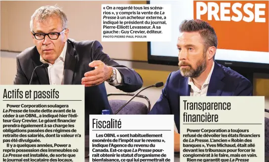  ?? PHOTO PIERRE-PAUL POULIN ?? « On a regardé tous les scénarios », y compris la vente de La Presse à un acheteur externe, a indiqué le président du journal, Pierre-elliott Levasseur. À sa gauche : Guy Crevier, éditeur.