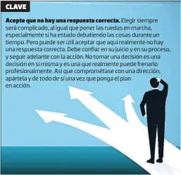  ??  ?? Acepte que no hay una respuesta correcta. Elegir siempre será complicado, al igual que poner las ruedas en marcha, especialme­nte si ha estado debatiendo las cosas durante un tiempo. Pero puede ser útil aceptar que aquí realmente no hay una respuesta correcta. Debe confiar en su juicio y en su proceso, y seguir adelante con la acción. No tomar una decisión es una decisión en sí misma y es una que realmente puede frenarlo profesiona­lmente. Así que comprométa­se con una dirección, apártela y dé todo de sí una vez que ponga el plan en acción. CLAVE