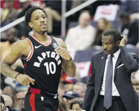  ?? ROB CARR/GETTY IMAGES ?? Dwane Casey, DeMar DeRozan and the Raptors have yet to lose three in a row all season, but they’ll need to eliminate the 36 turnovers committed in games 3 and 4 in Washington to avoid that feat.