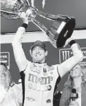  ?? TERRY RENNA/AP ?? Kyle Busch holds up the NASCAR Cup trophy after winning Sunday’s race.