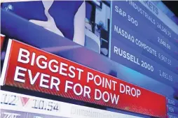  ?? RICHARD DREW/ASSOCIATED PRESS ?? A television screen on the floor of the New York Stock Exchange headlines the stock index news at the close of trading Monday.