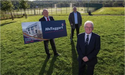  ??  ?? Willie Smith, at right, pictured with Gary Climson, left, MD of McTaggart constructi­on, and Joe McAlpine, on the site of what will become Hillwood FC’s new clubhouse; inset, Willie outside the current facilities