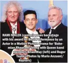  ??  ?? RAMI MALEK (center) poses backstage with his award for Best Performanc­e by an Actor in a Motion Picture Drama for ‘Bohemian Rhapsody’ along with Queen band members Brian May (left) and Roger Taylor (Photos by Mario Anzuoni/ Reuters)