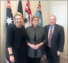  ??  ?? Silver bullet: Senator Bridget McKenzie, Defence Minister Marise Payne and council CEO Tony McIlroy.