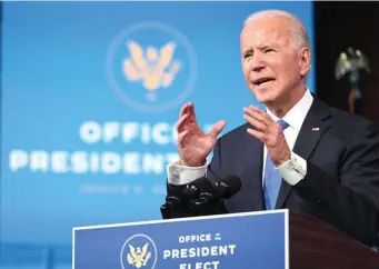  ?? Getty ImaGes ?? ‘TIME TO TURN THE PAGE’: President-elect Joe Biden delivers remarks on the Electoral College certificat­ion at the Queen Theatre in Wilmington, Del., on Monday.