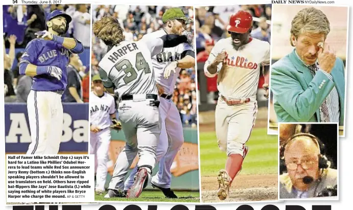  ?? AP & GETTY ?? Hall of Famer Mike Schmidt (top r.) says it’s hard for a Latino like Phillies’ Odubel Herrera to lead teams while Red Sox announcer Jerry Remy (bottom r.) thinks non-English speaking players shouldn’t be allowed to use translator­s on field. Others have...