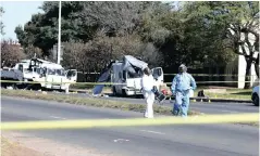  ?? PICTURE: NHLANHLA PHILLIPS/AFRICAN NEWS AGENCY/ANA ?? A cash in transit took place in Boksburg where two trucks were blown open injuring one guard. Two cars fled the scene. Seven suspects were apprehende­d.