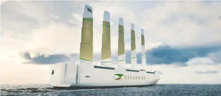  ??  ?? The Oceanbird wind-powered cargo ship would be propelled by enormous wing-like sails and rely on fossil-fuel-consuming engines only as a backup.