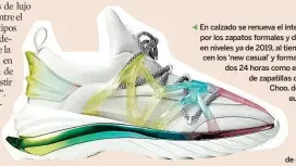  ?? ?? En calzado se renueva el interés por los zapatos formales y de tacón, en niveles ya de 2019, al tiempo que crecen los ‘new casual’ y formatos cómodos 24 horas como este modelo de zapatillas de Jimmy Choo, desde 650 euros. El gasto total en zapatos asciende a 28.000 millones de euros.