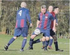  ??  ?? Action from Hall Farm’s clash with Durham County over-40s.