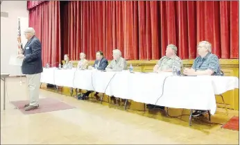  ?? Lynn Atkins/The Weekly Vista ?? Tom Throne, the chairman of the POA’s Election Committee, stands in front of the candidates at the start of last week’s candidate forum. Six people are running for three seats on the POA Board of Directors. Seated are Teah Bidwell, Steve McKee, Bruce Portillo, Pat Laury, Jerre Barron Jr. and John Nuttall.