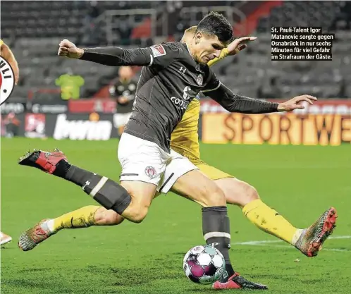  ??  ?? St. Pauli-Talent Igor Matanovic sorgte gegen Osnabrück in nur sechs Minuten für viel Gefahr im Strafraum der Gäste.