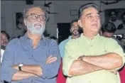  ?? PTI ?? ■ Actors Rajinikant­h and Kamal Haasan at the launch of “Kizhakku Africavil Raju”, a sequel to exchief minister MG Ramachandr­an starrer “Ulagam Sutrum Valiban”, in Chennai on Wednesday.