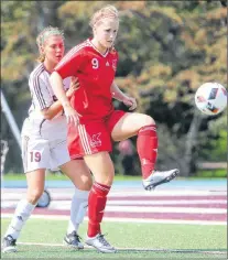  ?? MEMORIAL ATHLETICS PHOTO ?? Jessie Noseworthy (9) shown playing for the Memorial Sea-hawks against the Saint Mary’s Huskies in this file photo, is the 2017 St. John’s female athlete of the year, 12 months after finishing one vote short of taking the honour.