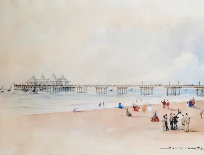  ??  ?? An early presentati­on drawing of Brighton West Pier before Birch had added the kiosks and wind shelters that set it apart from earlier piers