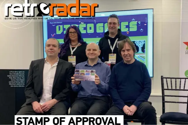  ??  ?? » (From left to right) Jon Hare (Sensible Soccer), Debbie Bestwick (Worms), Philip Oliver (Dizzy), Troy Horton (Tomb Raider) and David Darling (Micro Machines) celebrate the new stamp collection.