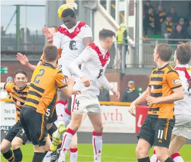  ?? Pics by Robert Dalziel ?? Up for it Daniel Boateng wins a header during the Alloa v Airdrie play off semi-final second leg