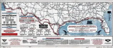  ??  ?? The National Highways Associatio­n published this map of the Jefferson Davis Memorial Highway in 1916. The United Daughters of the Confederac­y created the highway in 1913, and it eventually ran to Washington’s border with Canada. Later, the highway incorporat­ed spurs, including one to Atlanta. In 1925, a numbering system made highway names obsolete.