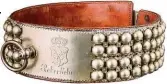  ??  ?? Das Halsband links aus Neusilber stammt von Dogge „Rebeckchen“, das Teil aus Leder rechts trug Reichshund „Tyras I“.