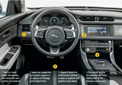  ??  ?? 1 Side air vents reveal themselves only when the car’s ignition is turned on 2 Seats are supportive, but lumbar support is an option on Prestige and R-sport trims 3 Jaguar’s Touch Pro infotainme­nt system is slow to respond and graphics look dated 4 The...