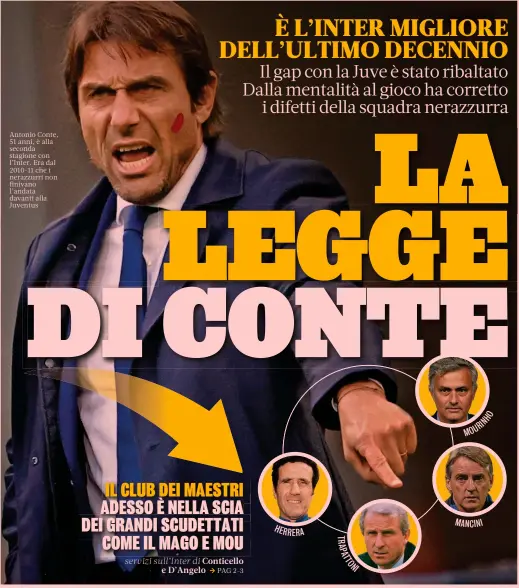  ??  ?? Antonio Conte, 51 anni, è alla seconda stagione con l’Inter. Era dal 2010-11 che i nerazzurri non finivano l’andata davanti alla Juventus