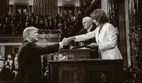  ?? Doug Mills / Associated Press file photo ?? President Donald Trump shakes hands with House Speaker Nancy Pelosi as Vice President Mike Pence looks on in 2019.
