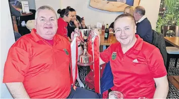  ?? ?? Brilliant bosses Co-managers George Morrison and Nori Fian get their hands on the trophy