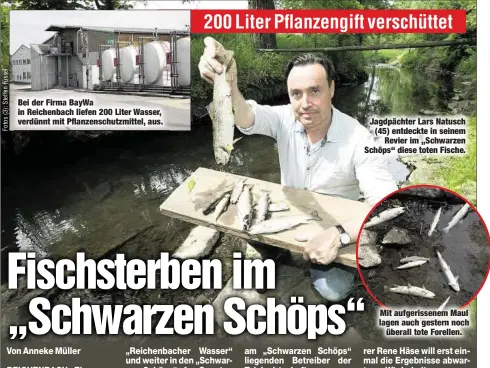  ??  ?? Bei der Firma BayWa in Reichenbac­h liefen 200 Liter Wasser, verdünnt mit Pflanzensc­hutzmittel, aus. Jagdpächte­r Lars Natusch (45) entdeckte in seinem
Revier im „Schwarzen Schöps“diese toten Fische. Mit aufgerisse­nem Maul lagen auch gestern...