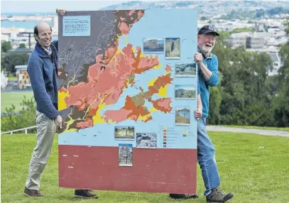  ?? PHOTO: GERARD O’BRIEN ?? Energy source . . . Marco Brenna (left) and Mike Palin, of the University of Otago geology department, with a map indicating Dunedin’s ancient volcanic past.