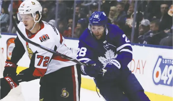  ?? VERONICA HENRI ?? No doubt former Toronto Maple Leafs winger Connor Brown, right, will be looking to connect on offence with new Ottawa Senators teammate Thomas Chabot this season.
