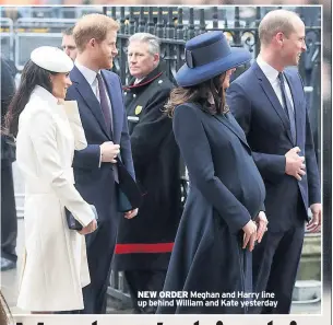  ??  ?? NEW ORDER Meghan and Harry line up behind William and Kate yesterday