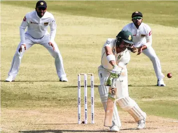  ?? LEON LESTRADE ?? DEAN ELGAR gets squared up at Kingsmead yesterday. | ANA Pictures