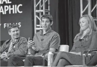  ?? AP PHOTO ?? Mikey Schaefer, from left, Alex Honnold and Sanni McCandless participat­e in the “Free Solo” panel during the National Geographic portion of the TCA Winter Press Tour on Friday, in Pasadena, Calif.