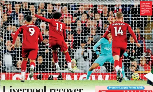  ??  ?? Liverpool’s Mohamed Salah scores their second goal from the penalty spot