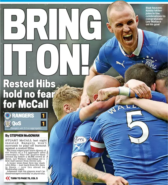  ??  ?? Blue heaven: Kenny Miller joins in the celebratio­ns to congratula­te Lee Wallace on his goal