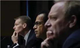  ?? Photograph: Drew Angerer/ UPI/REX/Shuttersto­ck ?? Kevin Mandia, the FireEye CEO, Sudhakar Ramakrishn­a, the SolarWinds CEO, and Brad Smith, the Microsoft president, testify during a Senate hearing.