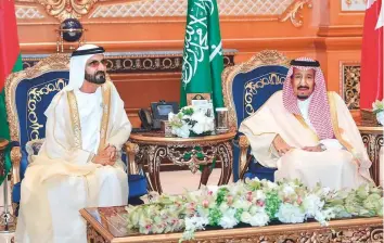  ??  ?? WAM His Highness Shaikh Mohammad Bin Rashid Al Maktoum, Vice-President and Prime Minister of the UAE and Ruler of Dubai, with King Salman in Riyadh yesterday.