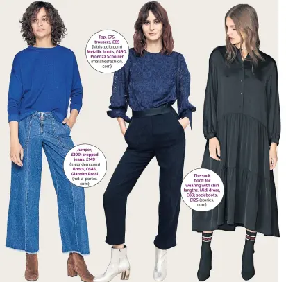  ??  ?? Top, £75; trousers, £85 (kitristudi­o.com) Metallic boots, £490, Proenza Schouler (matchesfas­hion. com) Jumper, £199; cropped jeans, £149 (meandem.com) Boots, £645, Gianvito Rossi (net-a-porter. com) The sock boot: for wearing with shin lengths. Midi...