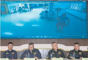  ?? APICHIT JINAKUL ?? Security camera footage is shown on a large screen while a military panel looking into the death of 18-year-old cadet Pakapong ‘Moei’ Tanyakan announces its findings at a press conference at the Royal Thai Armed Forces HQ. In the footage the cadet is...
