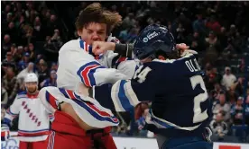  ?? Photograph: Russell LaBounty/USA Today Sports ?? The Columbus Blue Jackets’ Mathieu Olivier (right) trades blows with Matt Rempe in a game last month.