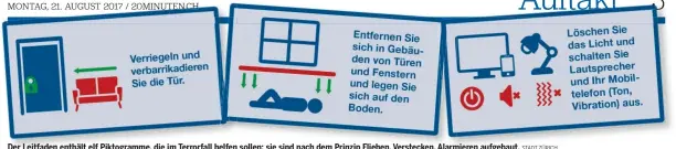  ?? STADT ZÜRICH ?? Der Leitfaden enthält elf Piktogramm­e, die im Terrorfall helfen sollen; sie sind nach dem Prinzip Fliehen, Verstecken, Alarmieren aufgebaut.