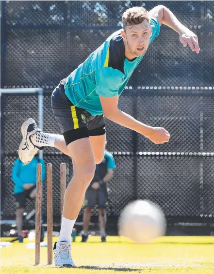  ?? Picture: AAP IMAGE ?? Pace bowler Billy Stanlake works out with the Australia A team in Brisbane yesterday ahead of their Indian tour,