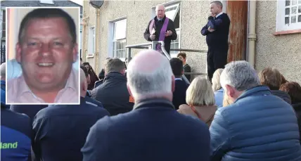  ??  ?? Fr. John O’Leary leads a prayer service for Jim McCumiskey at Ardee Garda station on Thursday. Inset, Sgt McCumiskey