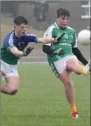  ??  ?? Lee Cushe kicks for Gorey as Darragh Carley stretches in a bid to block.