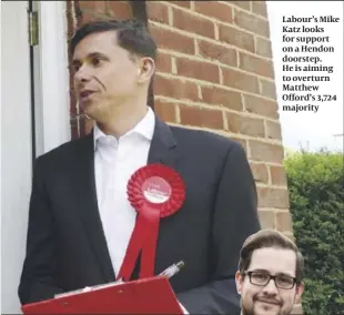  ??  ?? Labour’s Mike Katz looks for support on a Hendon doorstep. He is aiming to overturn Matthew Offord’s 3,724 majority