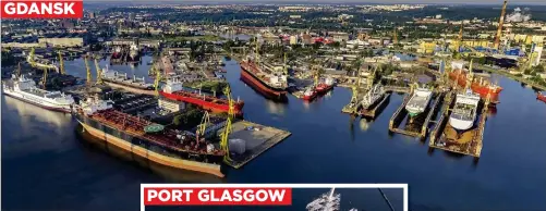  ?? ?? POLES APART: Remontowa’s bustling yard, above, built three CalMac ferries. Left, the unfinished Glen Sannox on the Clyde