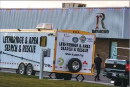  ?? Herald photo by Ian Martens ?? The Lethbridge and Area Search and Rescue trailer was set up outside of the Raymond town offices Monday as part of the search for missing 10-year-old Myles Gilbert, who was found safe later in the day. @IMartensHe­rald