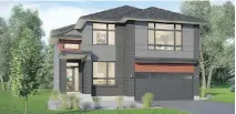  ??  ?? The “eclectic” exteriors on Urbandale’s new Pacific series include brick, Hardie board and steel panelling accents with a faux wood finish.